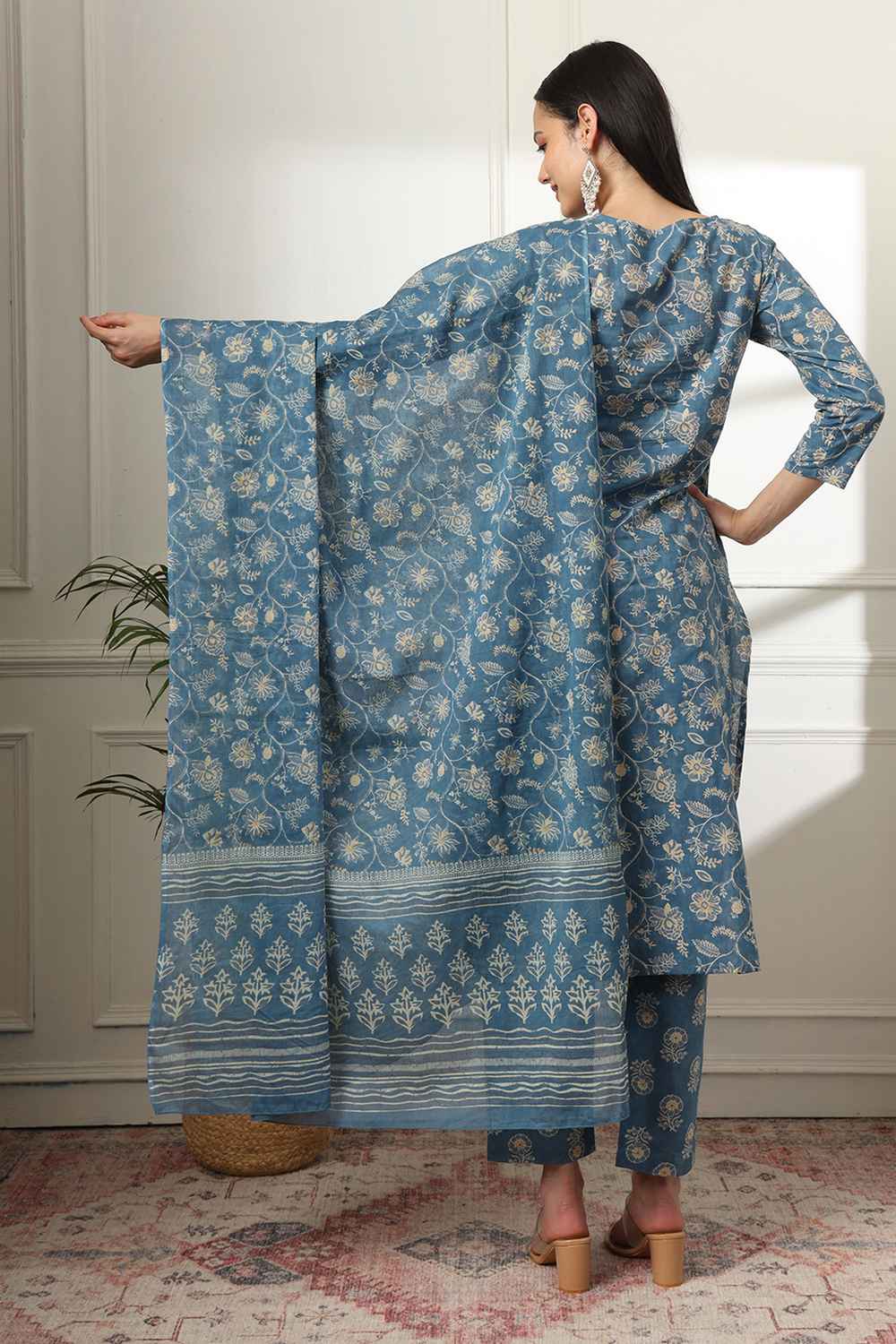 Blue Floral Print Pure Cotton Kurta Set