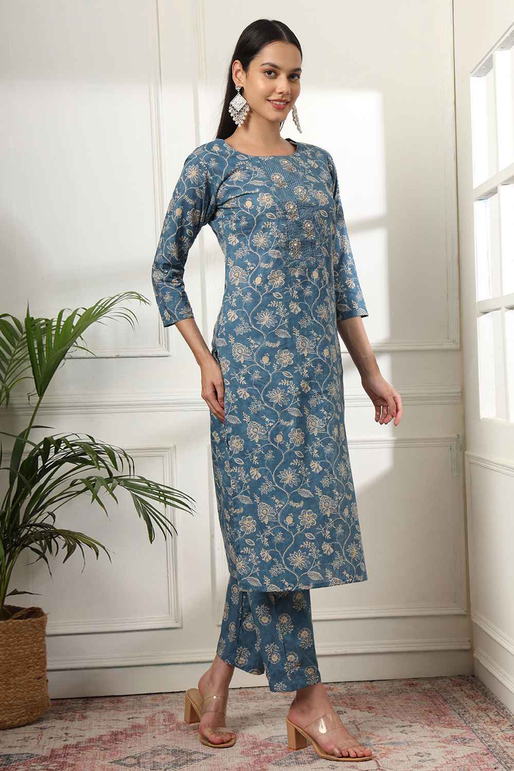 Blue Floral Print Pure Cotton Kurta Set