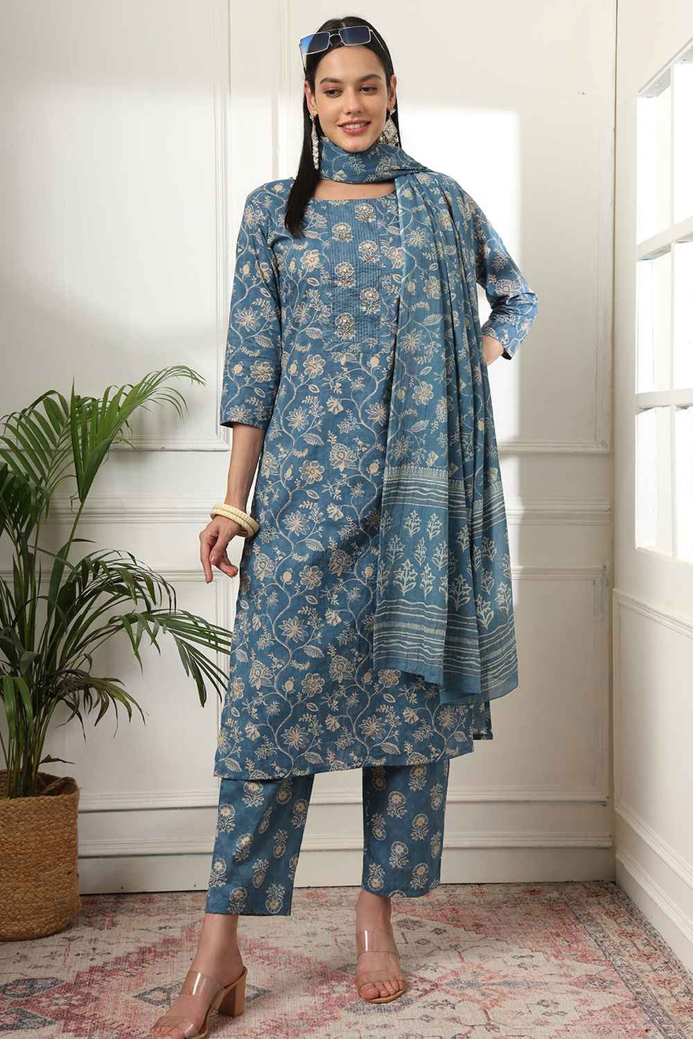 Blue Floral Print Pure Cotton Kurta Set