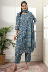 Blue Floral Print Pure Cotton Kurti Set