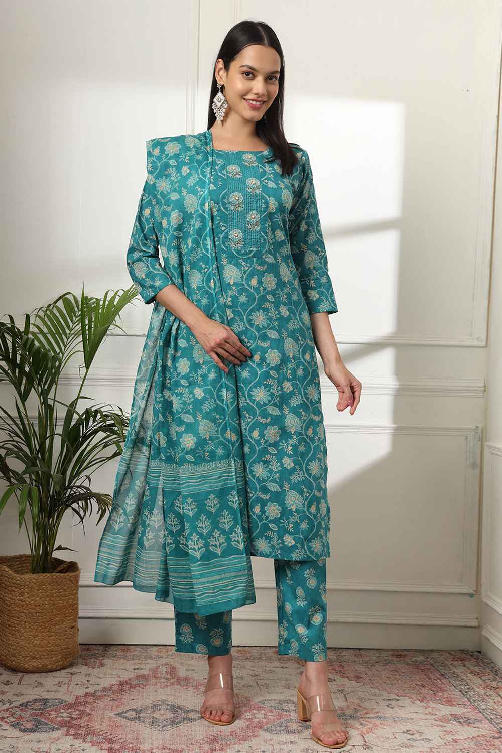 Turquoise Floral Print Pure Cotton Kurti Set