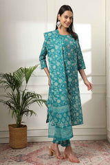 Turquoise Floral Print Pure Cotton Kurti Set