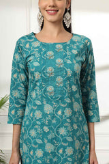 Turquoise Floral Print Pure Cotton Kurti Set