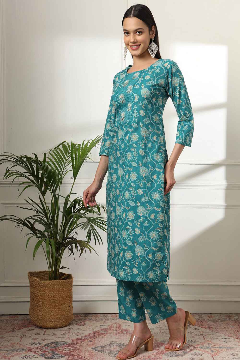 Turquoise Floral Print Pure Cotton Kurta Set