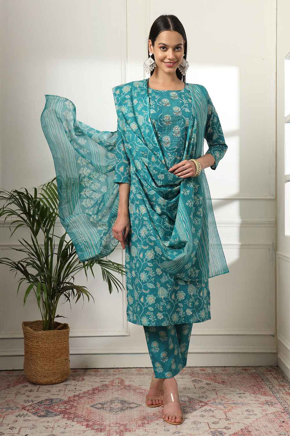 Turquoise Floral Print Pure Cotton Kurta Set