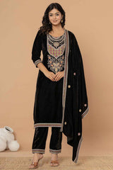 Black Solid Embroidered Velvet Kurti Set