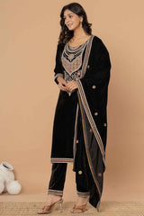 Black Solid Embroidered Velvet Kurti Set