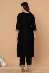 Black Solid Embroidered Velvet Kurti Set