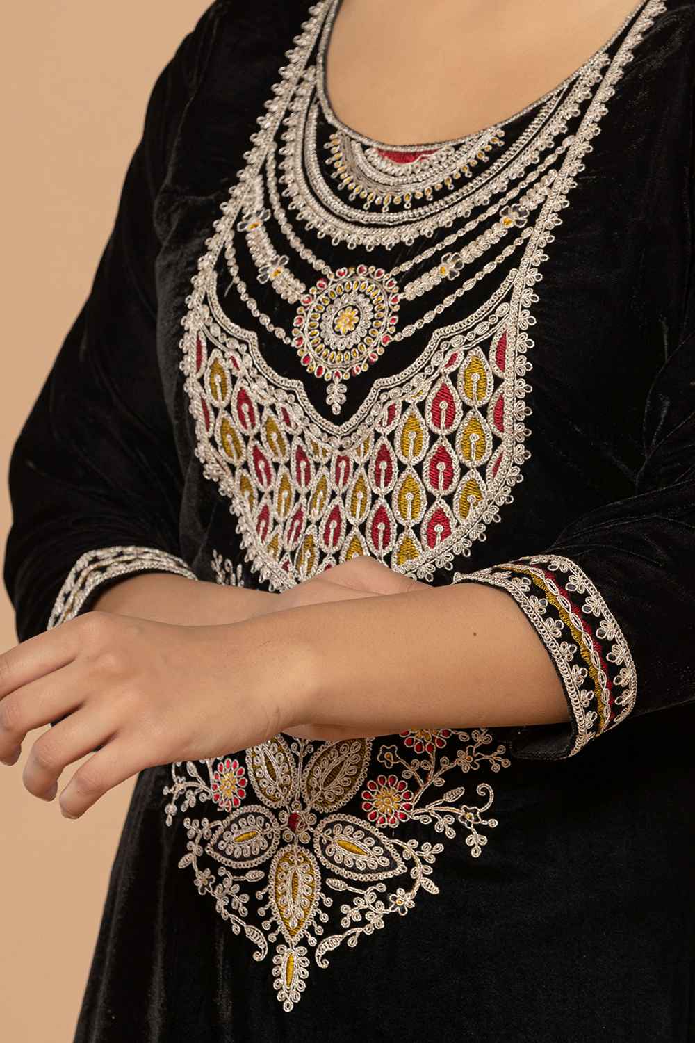 Black Solid Embroidered Velvet Kurti Set