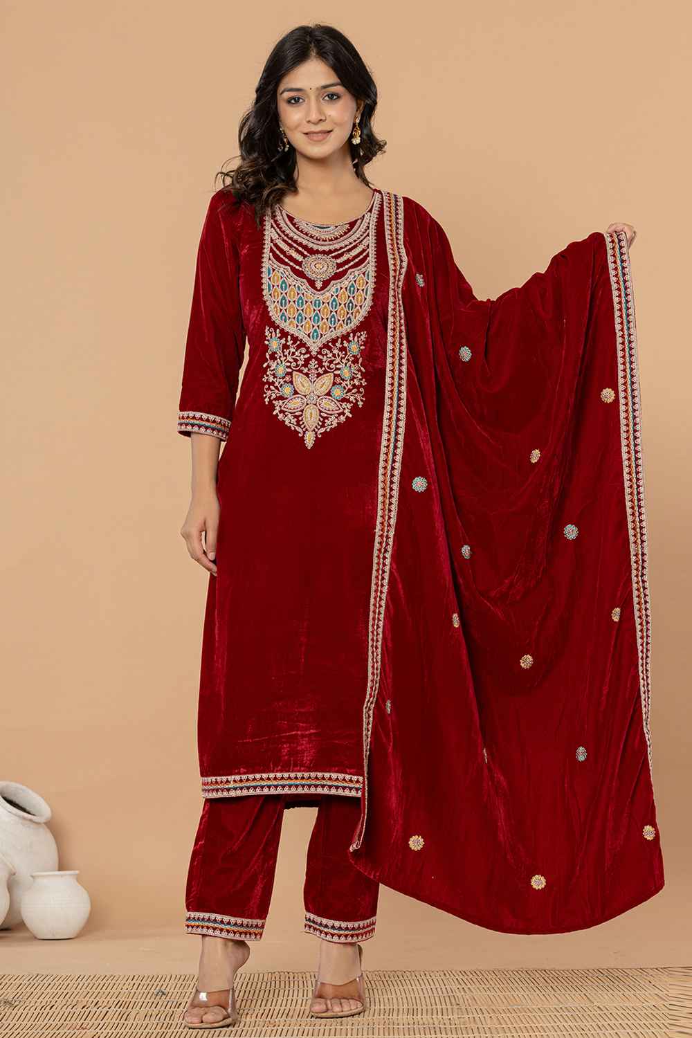 Red Solid Embroidered Velvet Kurti Set