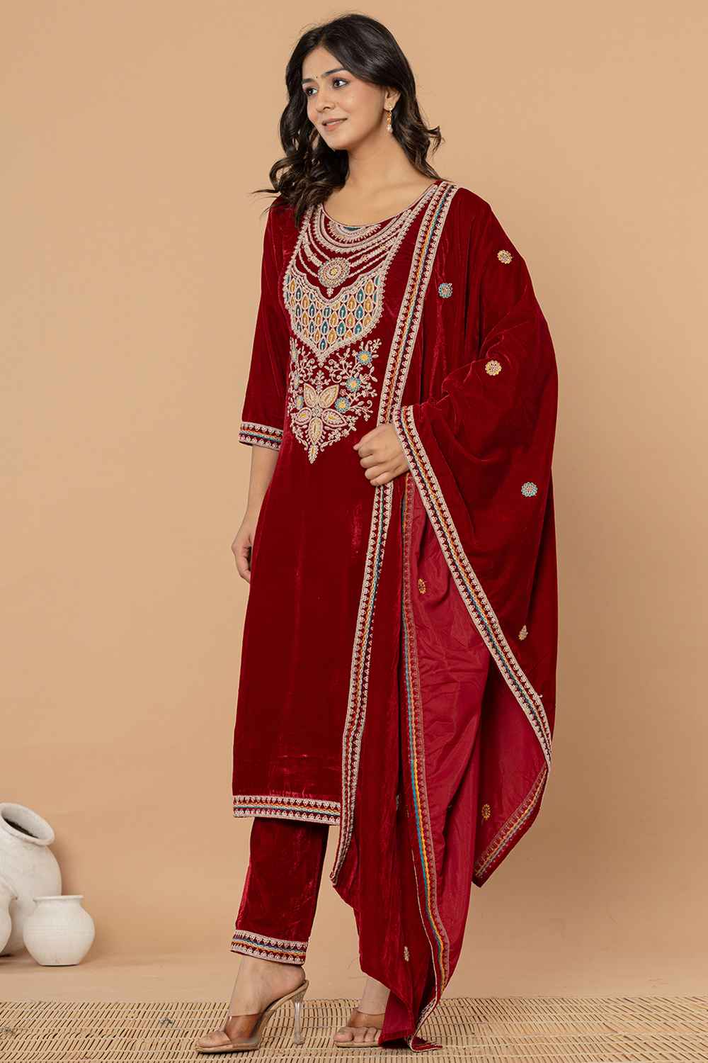 Red Solid Embroidered Velvet Kurti Set