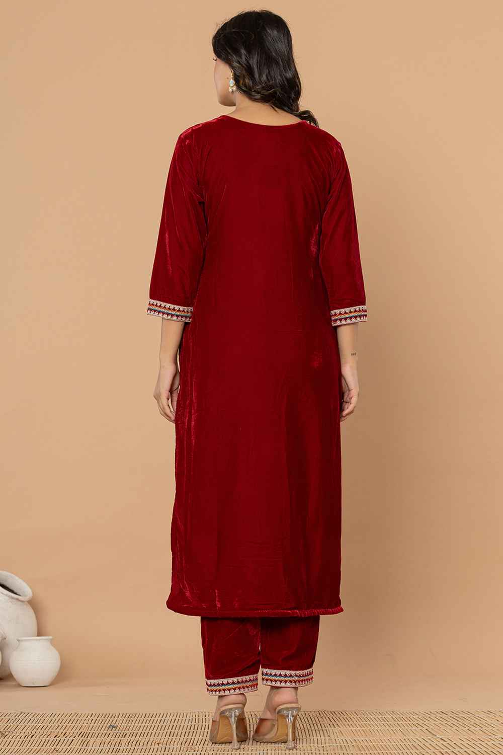 Red Solid Embroidered Velvet Kurti Set