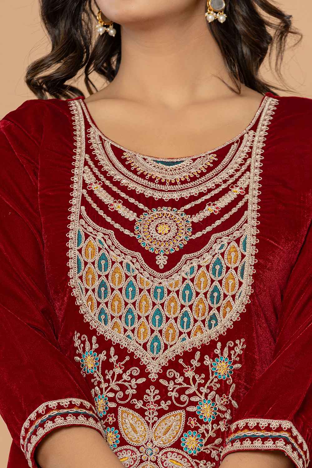 Red Solid Embroidered Velvet Kurti Set