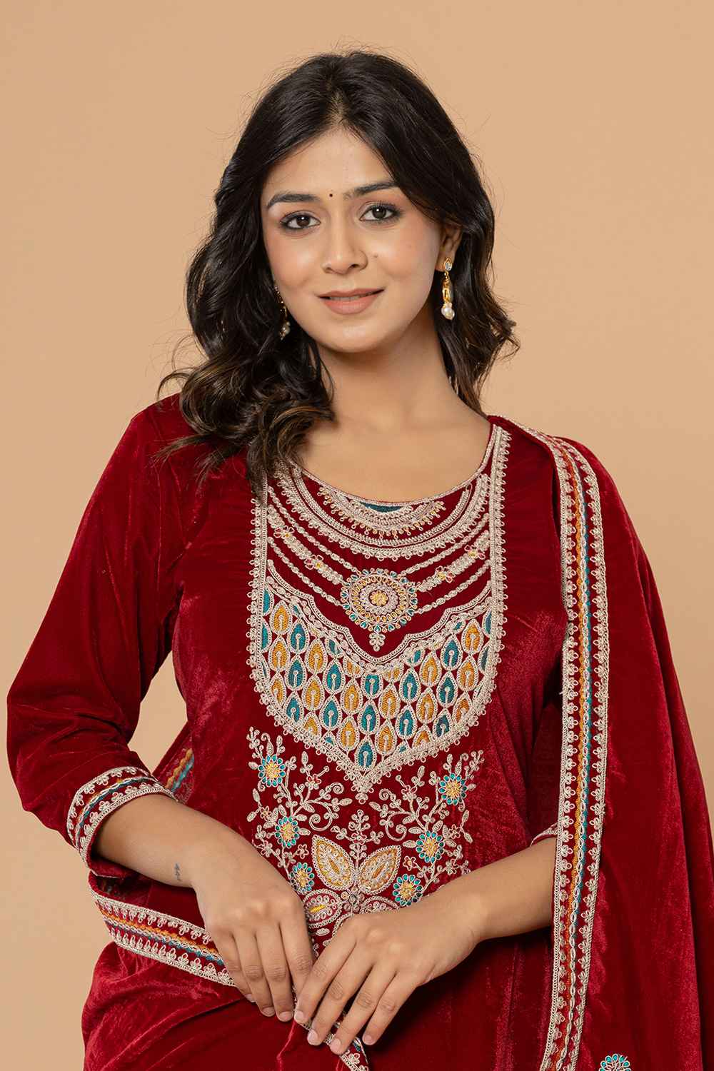 Red Solid Embroidered Velvet Kurti Set