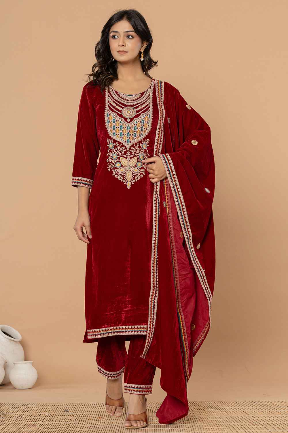 Red Solid Embroidered Velvet Kurti Set