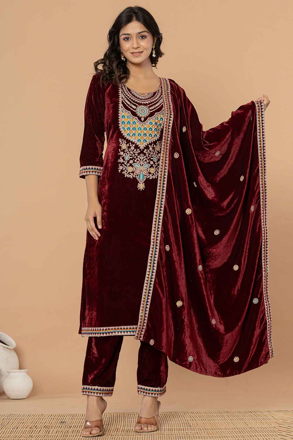 Brown Solid Embroidered Velvet Kurti Set