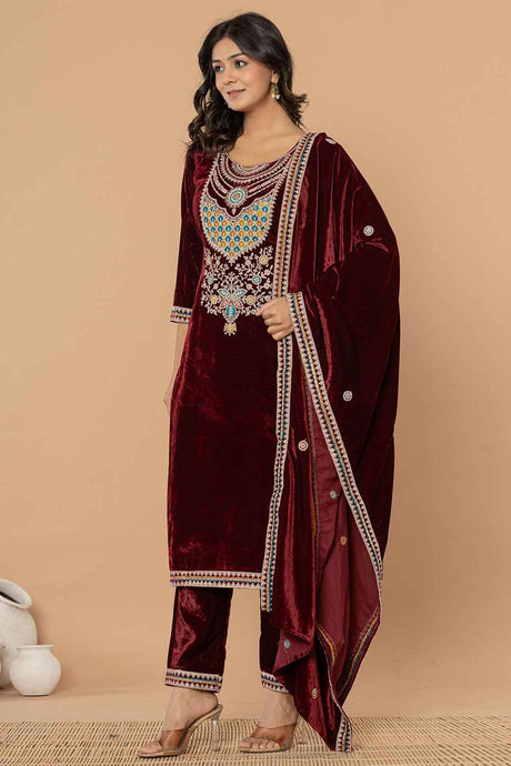 Brown Solid Embroidered Velvet Kurta Set