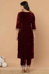 Brown Solid Embroidered Velvet Kurti Set