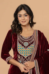 Brown Solid Embroidered Velvet Kurti Set