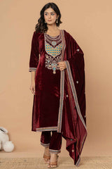 Brown Solid Embroidered Velvet Kurti Set