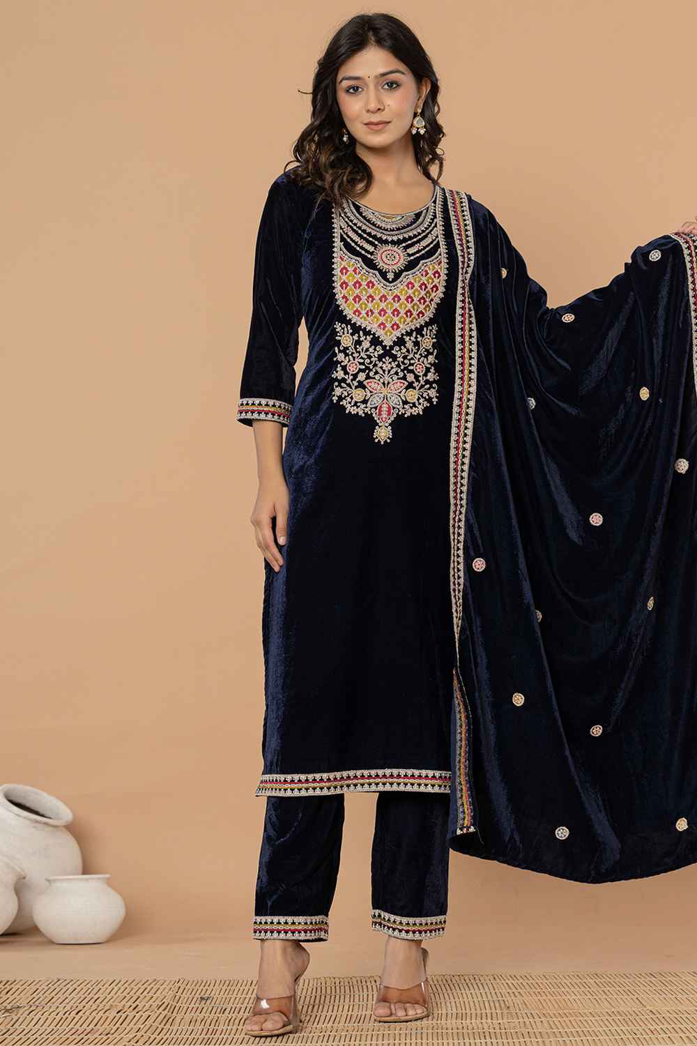 Blue Solid Embroidered Velvet Kurta Set