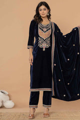 Blue Solid Embroidered Velvet Kurti Set