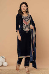 Blue Solid Embroidered Velvet Kurti Set