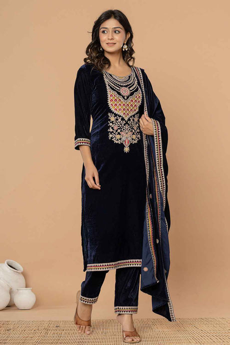 Blue Solid Embroidered Velvet Kurta Set