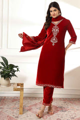 Red Solid Embroidered Velvet Kurta Set