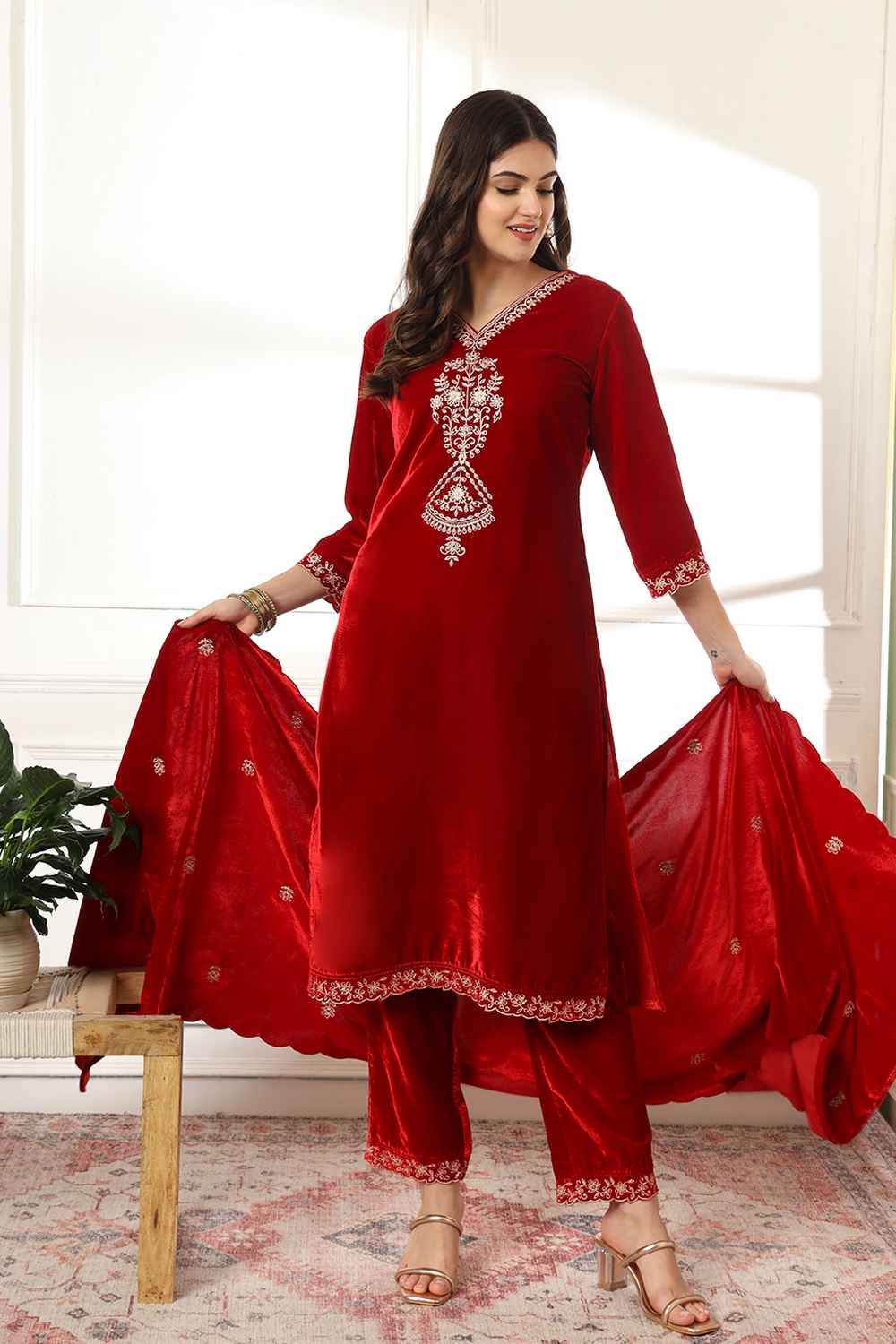 Red Solid Embroidered Velvet Kurti Set