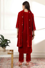 Red Solid Embroidered Velvet Kurti Set