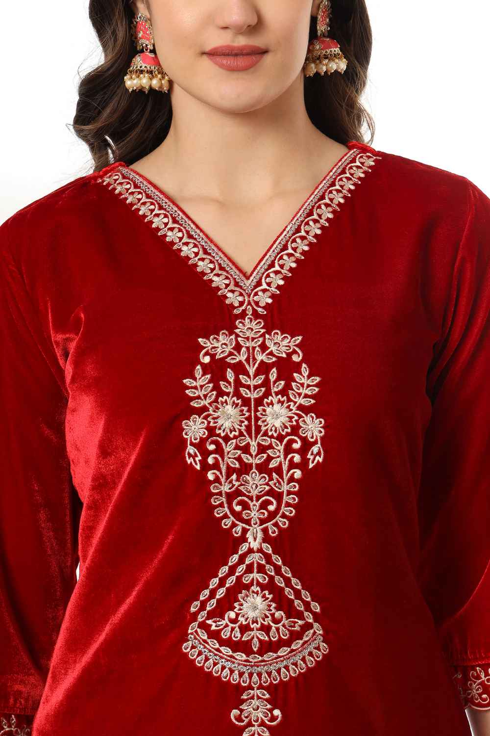 Red Solid Embroidered Velvet Kurti Set