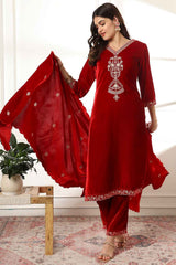 Red Solid Embroidered Velvet Kurta Set