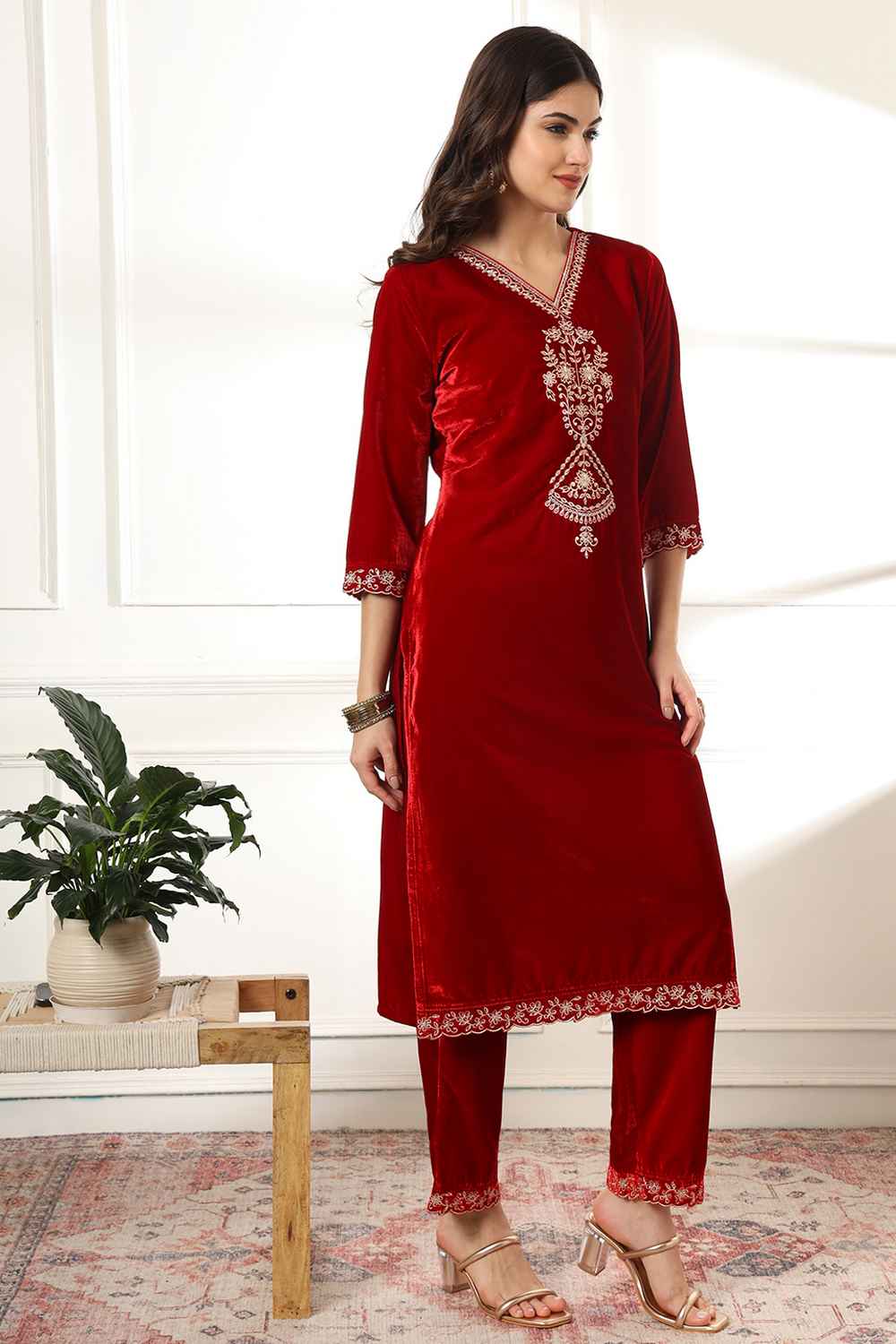 Red Solid Embroidered Velvet Kurta Set