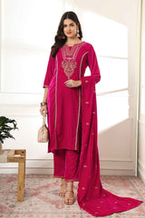 Pink Solid Embroidered Velvet Kurti Set