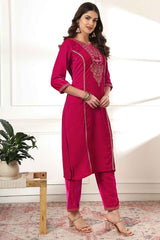 Pink Solid Embroidered Velvet Kurti Set