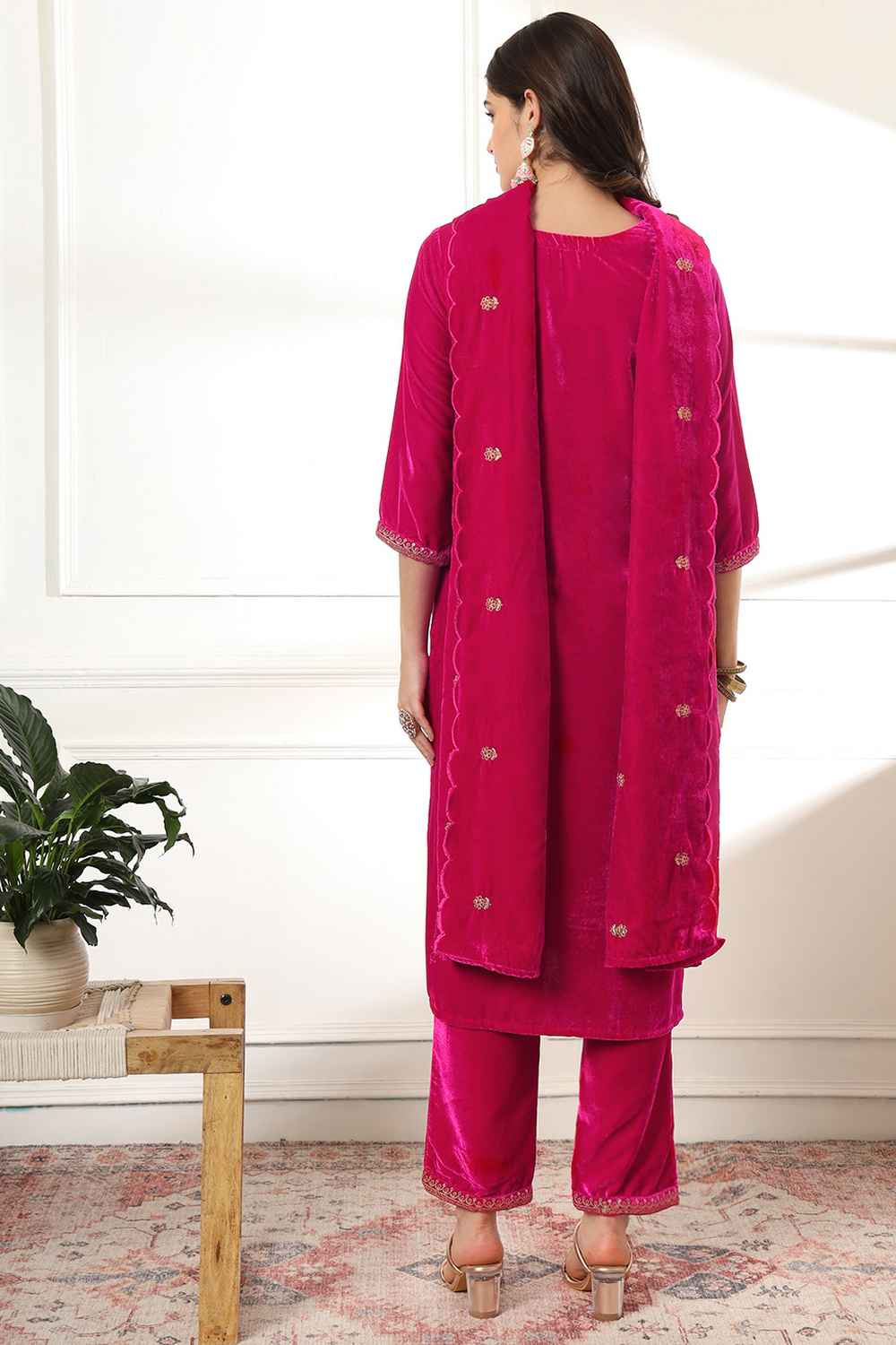 Pink Solid Embroidered Velvet Kurti Set