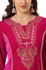 Pink Solid Embroidered Velvet Kurti Set