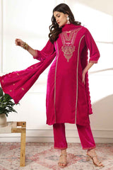 Pink Solid Embroidered Velvet Kurti Set