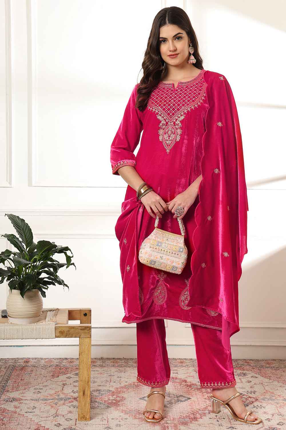 Pink Solid Embroidered Velvet Kurta Set