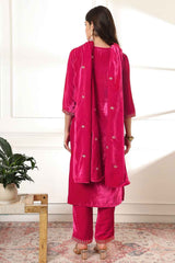 Pink Solid Embroidered Velvet Kurti Set