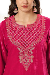 Pink Solid Embroidered Velvet Kurta Set