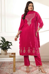 Pink Solid Embroidered Velvet Kurti Set