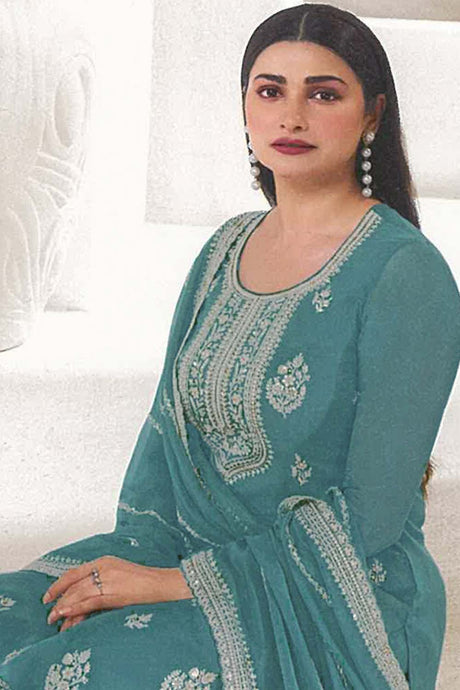 Teal Organza Embroidered Salwar Suits