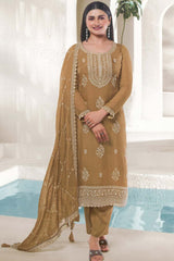 Beige Organza Embroidered Salwar Suits