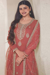 Peach Organza Embroidered Salwar Suits