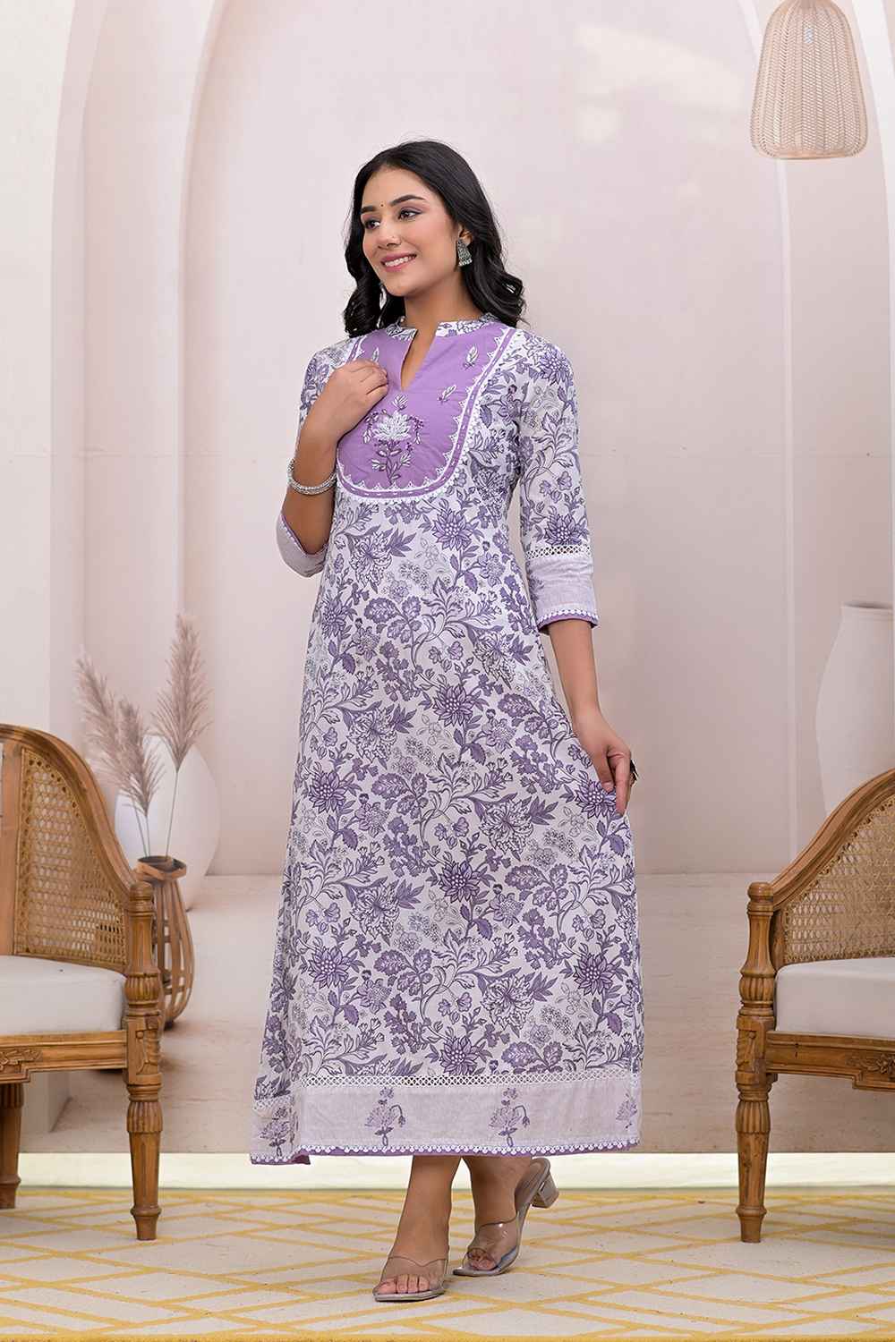 Violet Floral Print Pure Cotton Dress