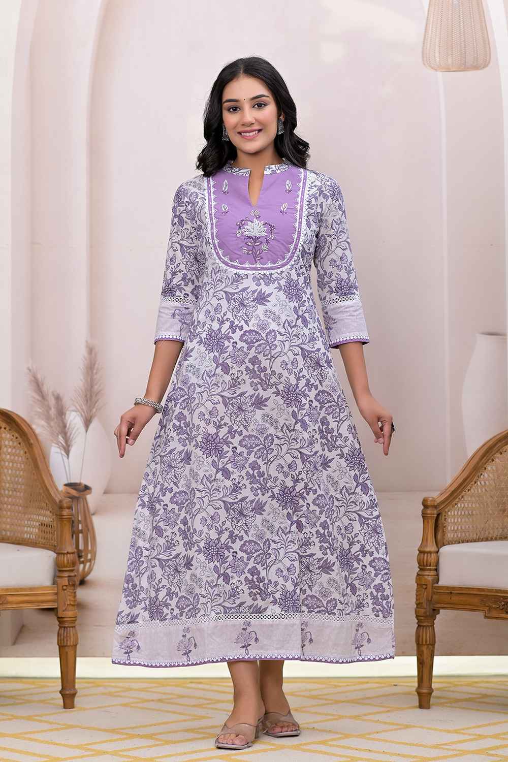 Violet Floral Print Pure Cotton Dress