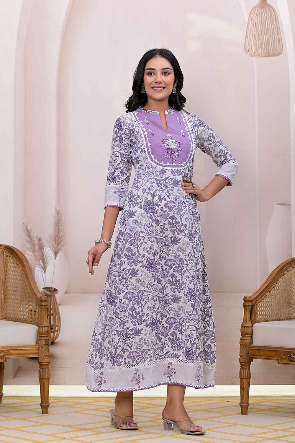 Violet Floral Print Pure Cotton Dress