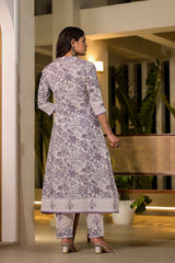 Violet Floral Print Embroidered Pure Cotton Kurti Set